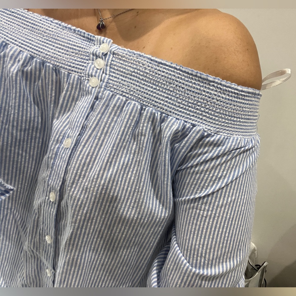 Passport Off the Shoulder bLouse Top Pin Stripe shirt Boho Statement XS S Kawaii